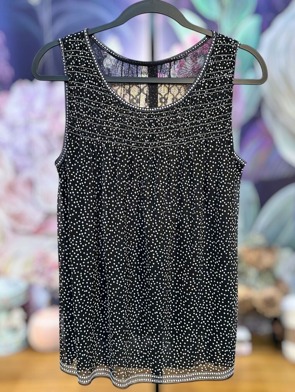 Max Studio Black Polka Dot Sleeveless Top Stretch Smocked Yoke Feminine Tunic